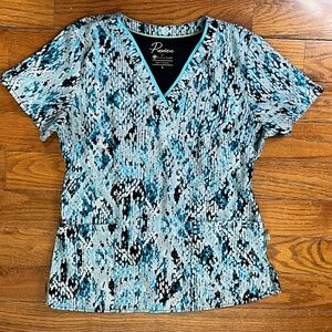 Premiere By Healing Hands Blue Black Snake Print Women’s Scrub Top S Stretch